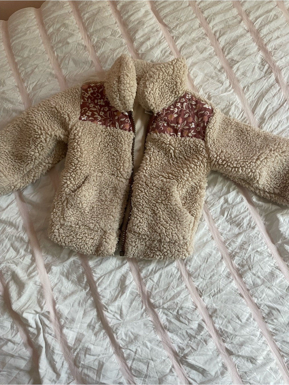 Source Unknown Cream Sherpa Jacket with Rust Floral Yoke - Kids